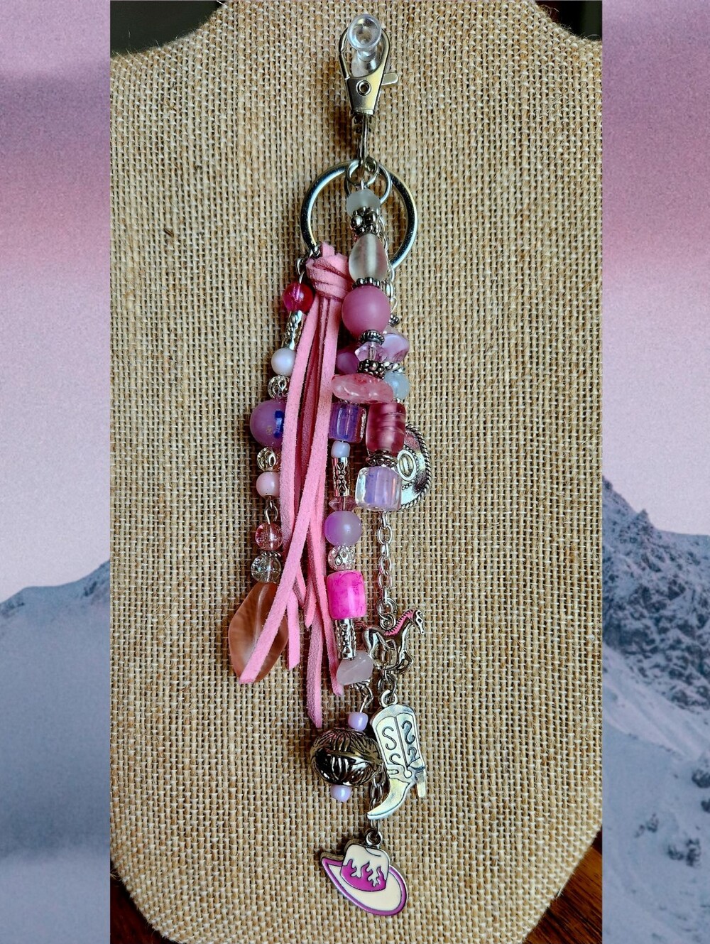 Handmade Pink Beaded Tassel Keychain with Western Charms